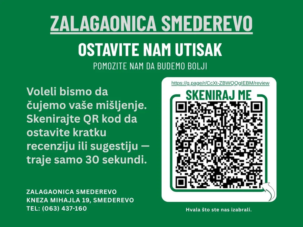 QR kod — ostavite recenziju za Zalagaonica Smederevo na Google-u